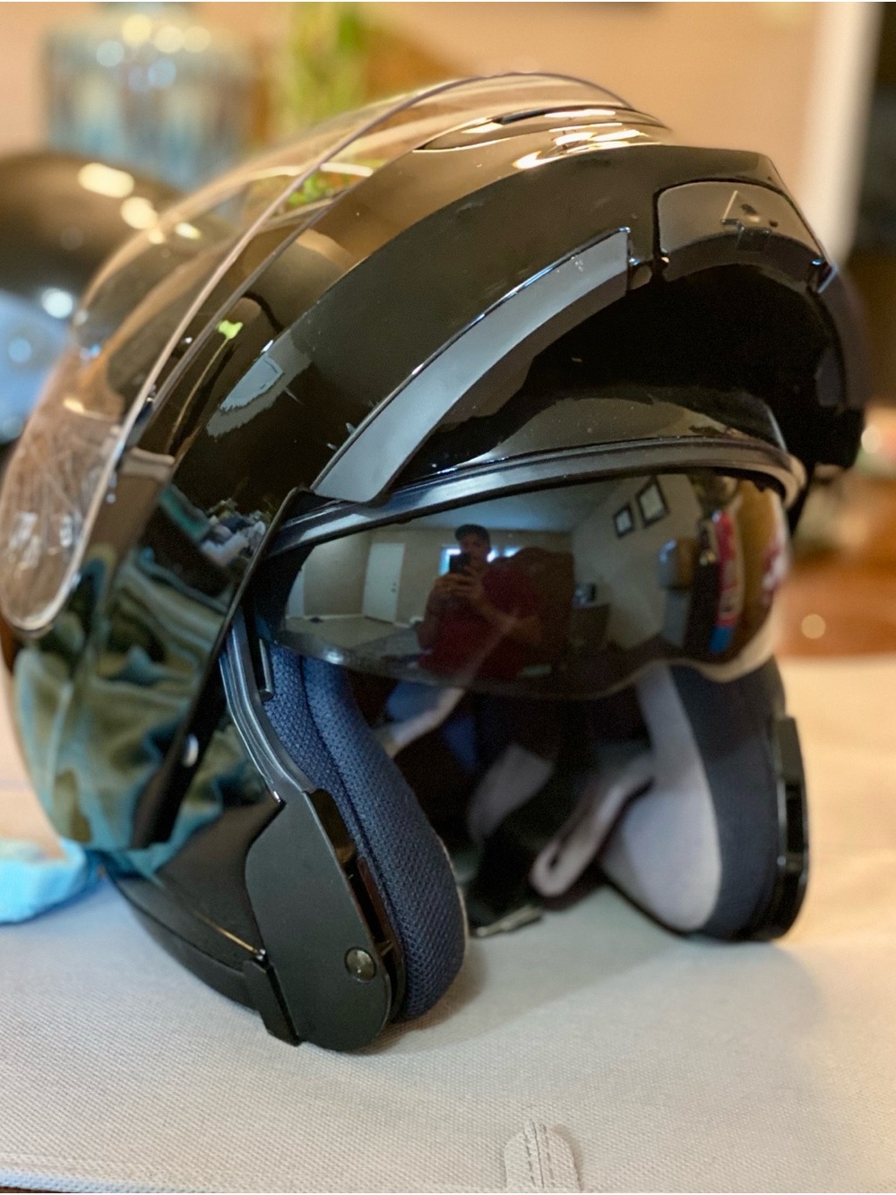 Glossy Black Modular Motorcycle Helmet with Built-In Tinted Visor